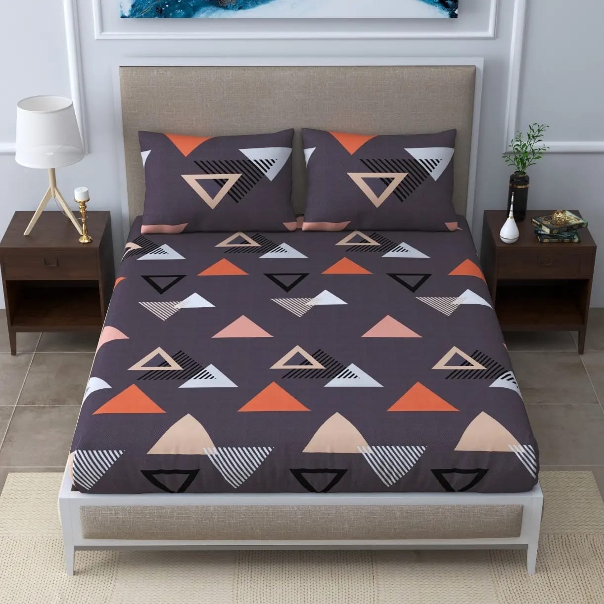 Chocolate & Orange Eva Modern Print Double Bed Pure Cotton Bedsheet With 2 Pillow Cover ( 90 X100 inches)