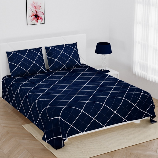 Blue Check Eva Modern Print Double Bed Glace Soft Cotton Bedsheet With 2 Pillow Cover ( 90 X100 inches)