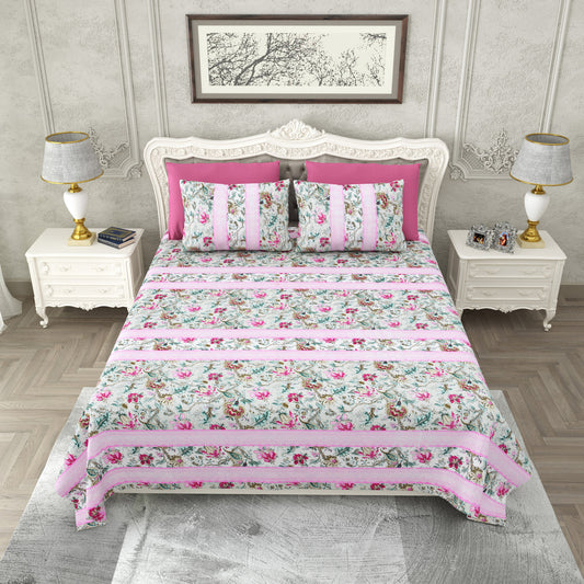 Pink Madhuban King Size Print Double Bed Soft Cotton Bedsheet With 2 Pillow Cover ( 108 X108 inches)