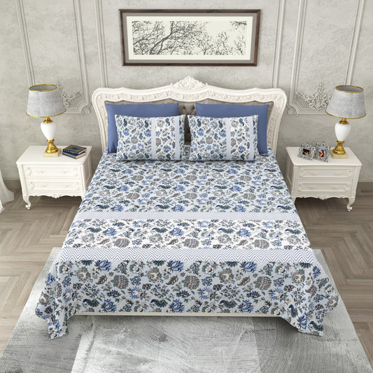 White Light Blue Madhuban King Size Print Double Bed Soft Cotton Bedsheet With 2 Pillow Cover ( 108 X108 inches)