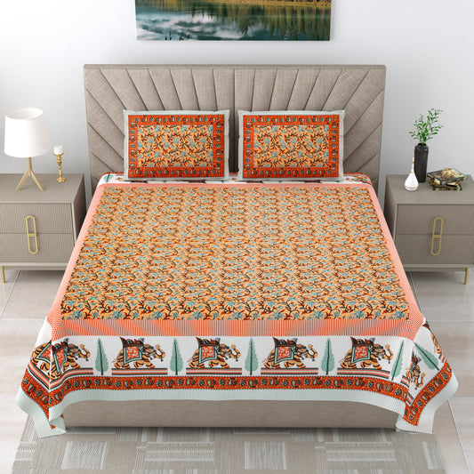 Orange Elegance King Size Print Double Bed Cotton Bedsheet With 2 Pillow Cover ( 90 X108 inches)