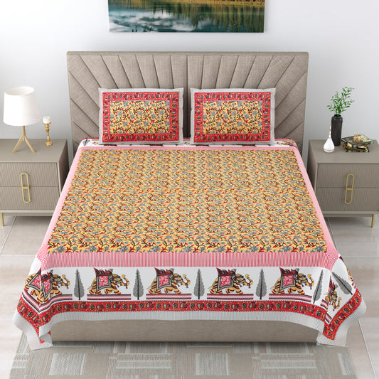 Yellow Red Elegance King Size Print Double Bed Cotton Bedsheet With 2 Pillow Cover ( 90 X108 inches)