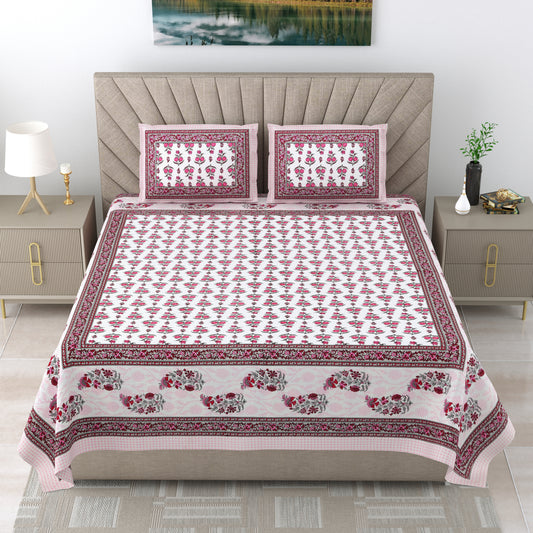 Brick & White Elegance King Size Print Double Bed Cotton Bedsheet With 2 Pillow Cover ( 90 X108 inches)